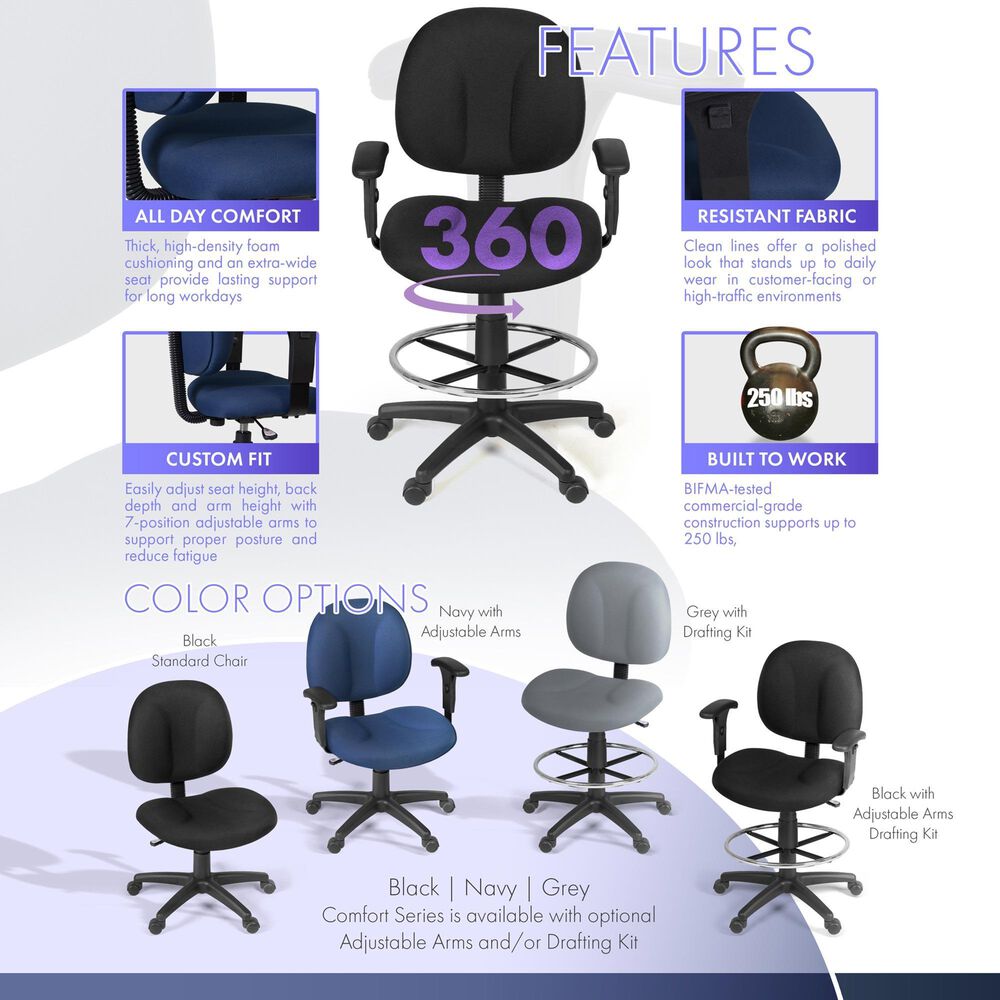 Regency Global Sourcing Comfort Series Swivel Computer Task Chair with Adjustable Arms and Drafting Kit in Black, , large