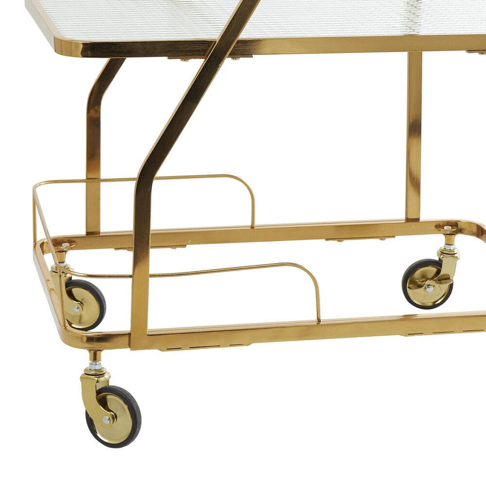 Maple and Jade 3-Shelf Bar Cart with Side Guards and Handle in Polished Gold and Transparent, , large