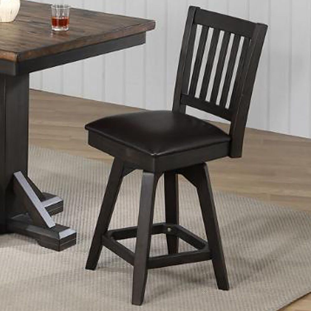 Radius Ashford 24" Slat Back Swivel Counter Stool with Brown Vinyl Cushion in Black, , large
