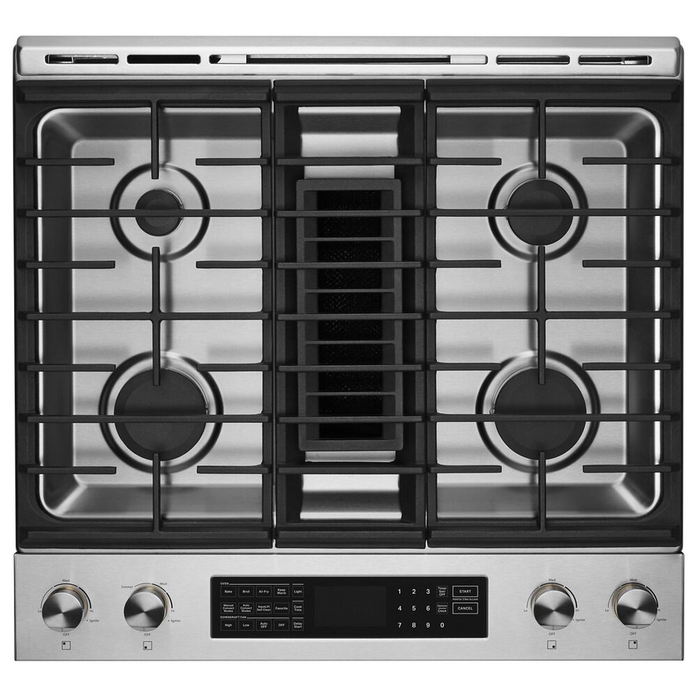 JennAir 6.2 Cu. Ft. Slide-In Dual Fuel Downdraft Range in Stainless Steel and Black, , large