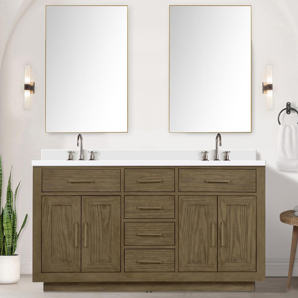 Lexora Home Abbey 60&quot; Double Bathroom Vanity in Grey Oak with 2 cm White Cultured Marble Top, Rectangular Sinks and 28&quot; Mirrors, , large