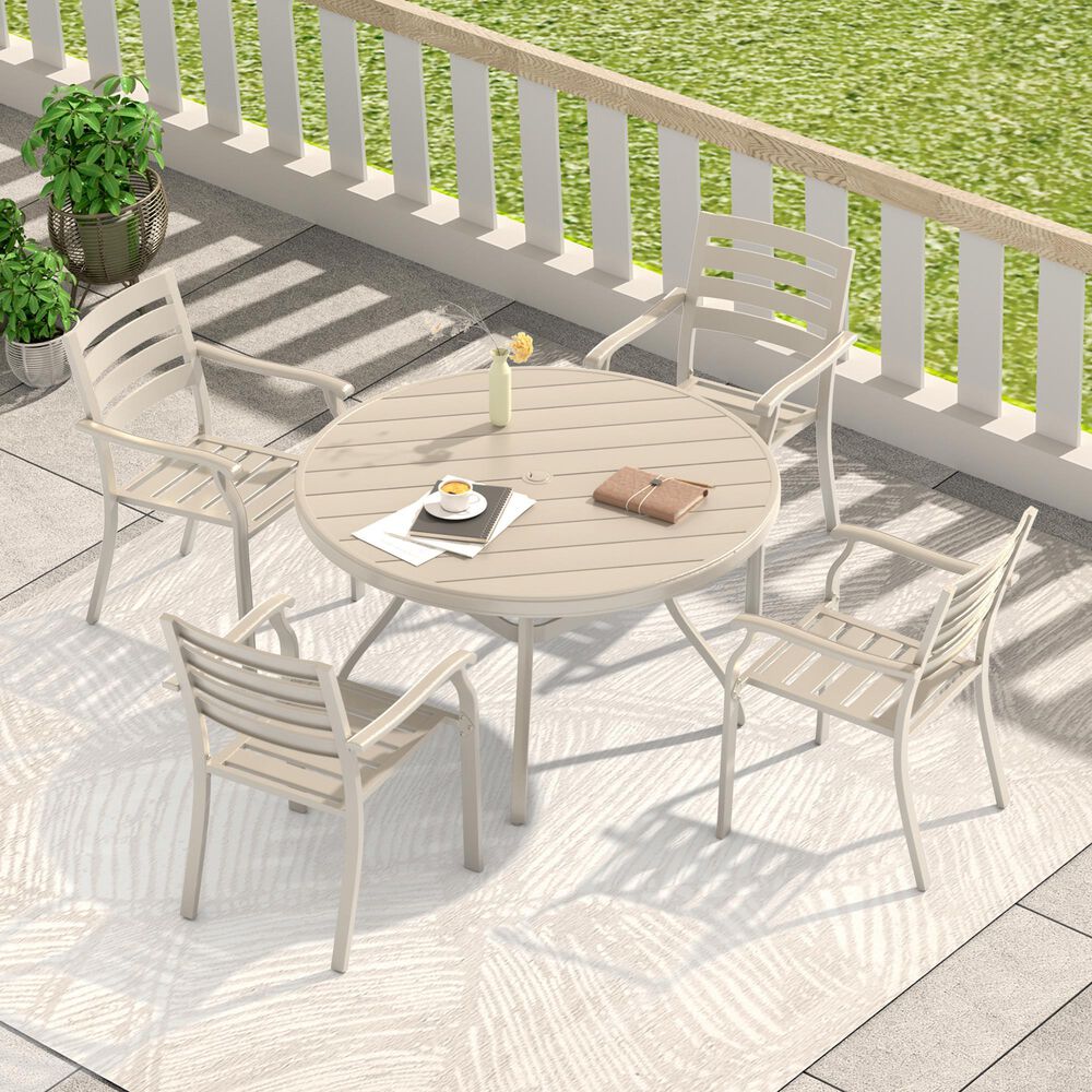 Hearth and Haven 5-Piece Outdoor Metal Dining Set with Stackable Chairs and Round Slatted Table in Sandstone, , large