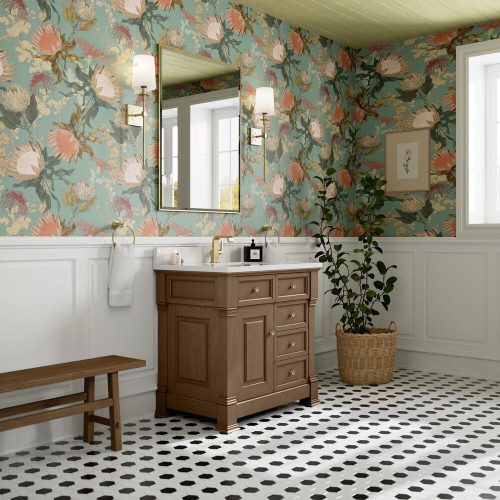 James Martin Vanities Brookfield 36&quot; Single Bathroom Vanity in Pecan with Single Hole 3 cm White Zeus Quartz Top and Rectangular Sink, , large