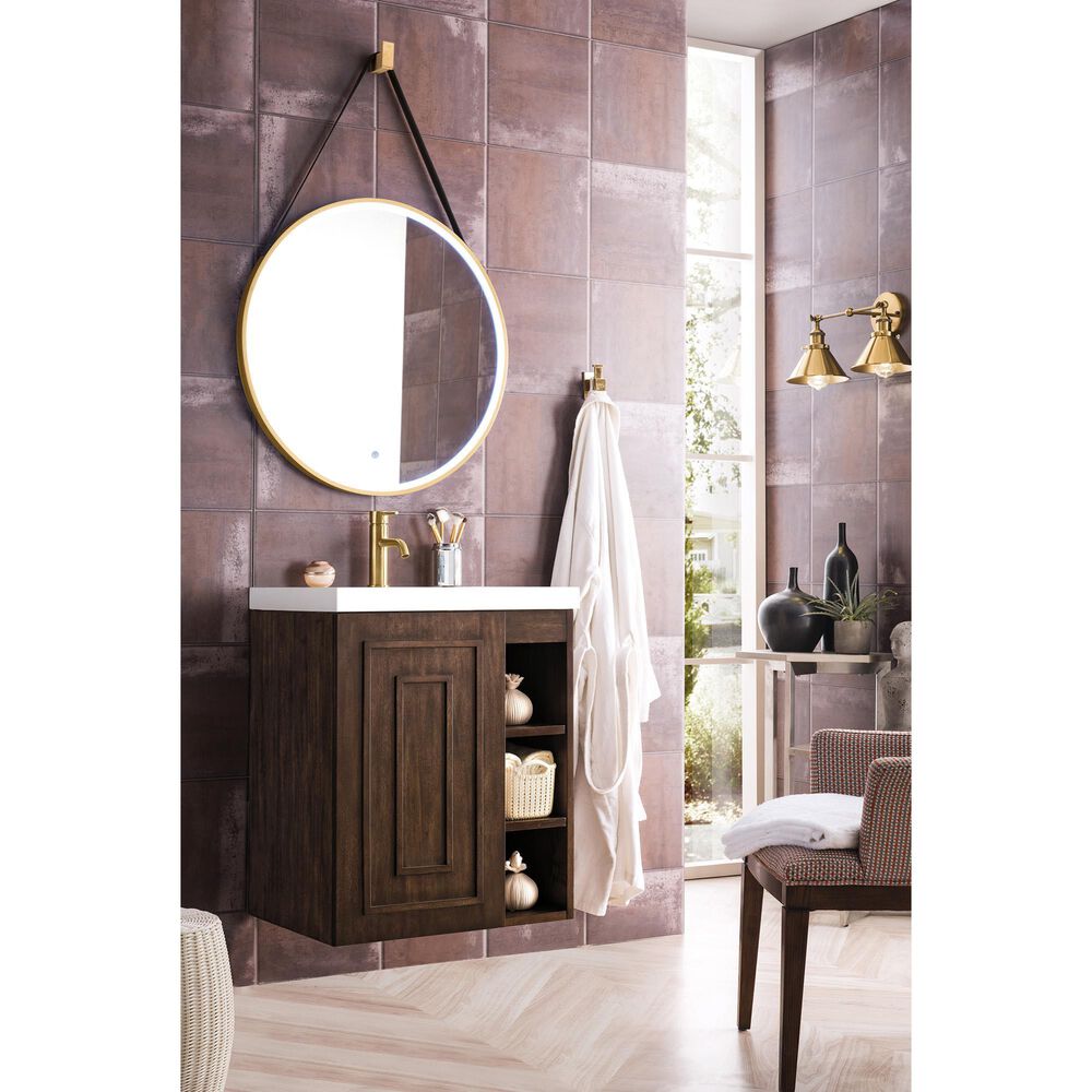 James Martin Vanities Alicante 24&quot; Single Bathroom Vanity in Mid Century Acacia with 5 cm White Glossy Resin Top and Rectangular Sink, , large