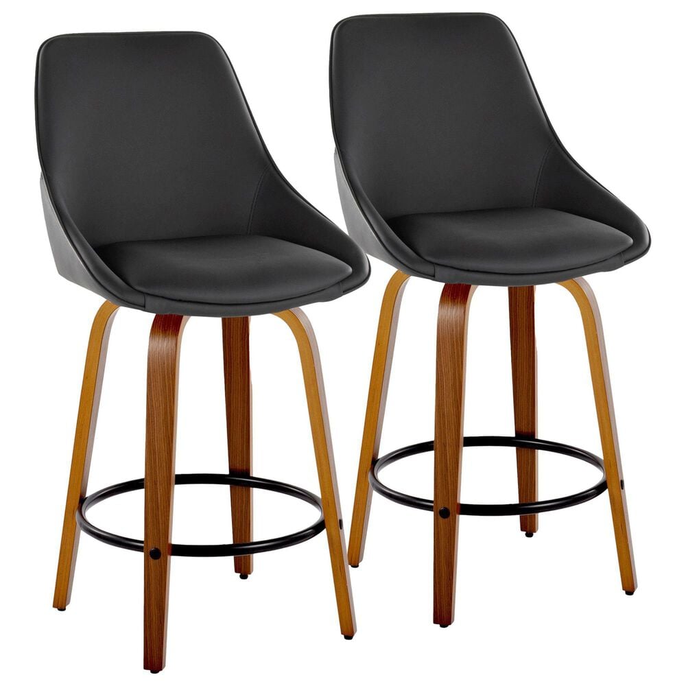 LumiSource Diana 26" Swivel Counter Stool with Black Faux Leather Upholstery in Walnut and Black (Set of 2), , large