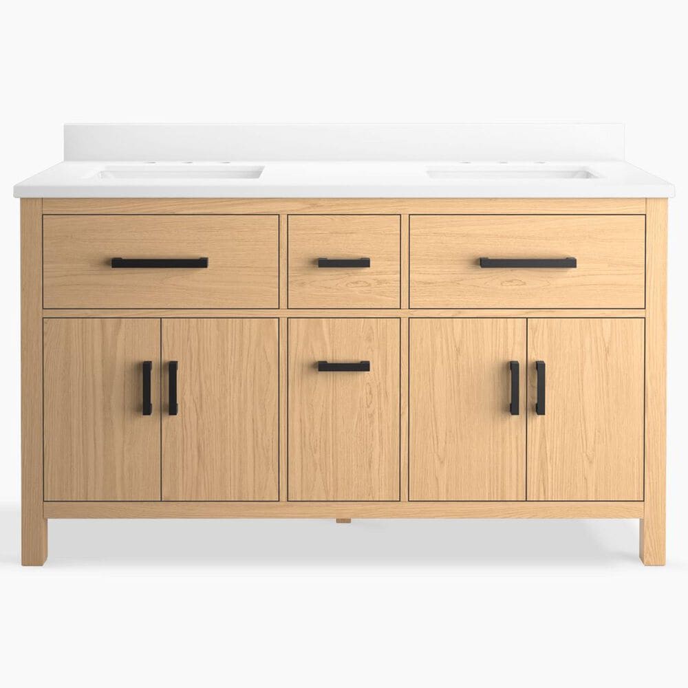 Kohler Kresla 60" Double Bathroom Vanity in Light Oak with 3 cm White Quartz Top and Rectangular Sinks, , large