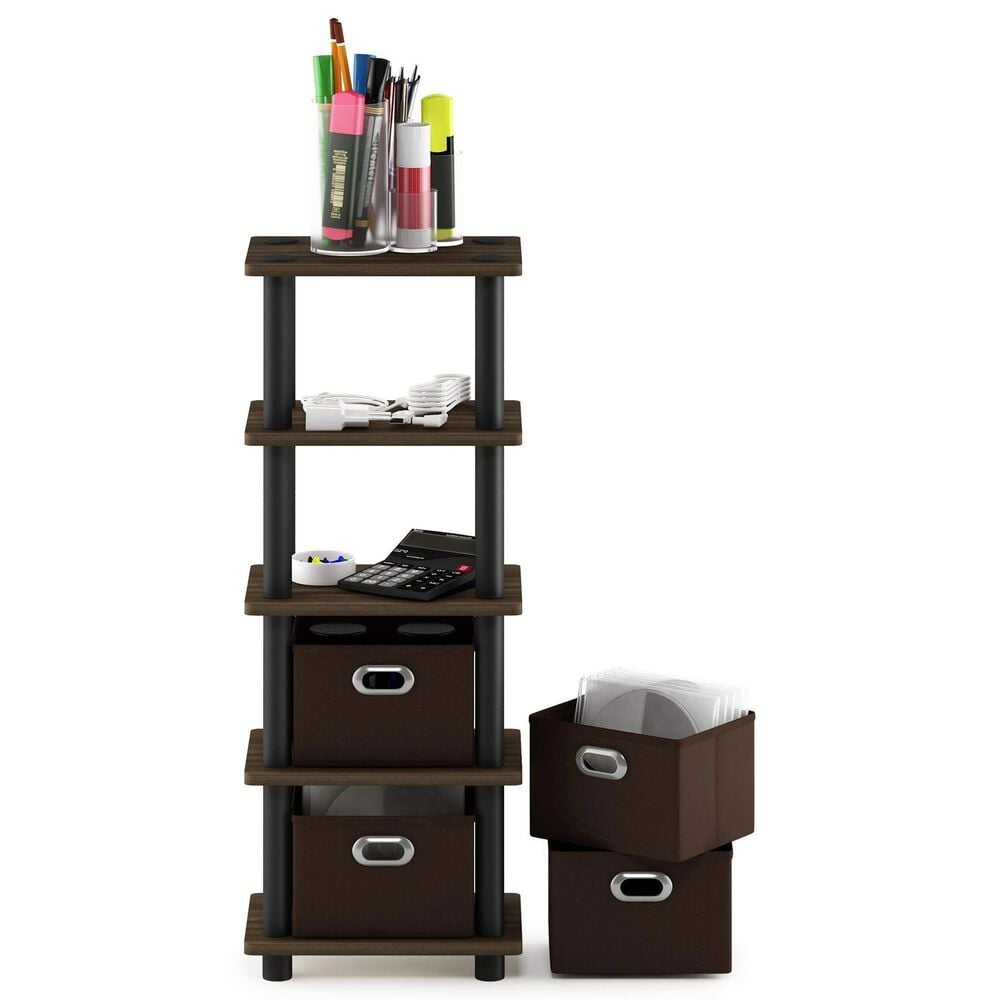 HOMLUX 5-Tier Tall Corner Open Bookshelf with 4 Storage Bins in Columbia Walnut and Black, , large