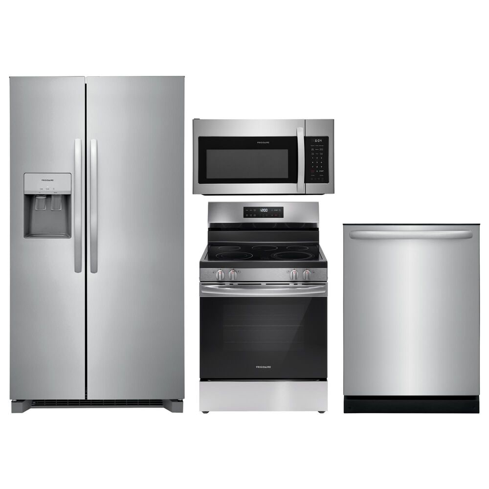 Frigidaire 4 Piece Kitchen Package with 25.6 Cu. Ft. Standard Depth Side-by-Side Refrigerator, 5.3 Cu. Ft. Electric Range with Steam Clean, 1.8 Cu. Ft. OTR Microwave, and 24" Built-In Dishwasher with DishSense and MaxDry in Stainless Steel, , large