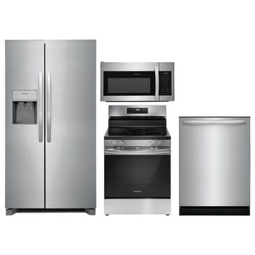 Frigidaire 4 Piece Kitchen Package with 25.6 Cu. Ft. Standard Depth Side-by-Side Refrigerator, 5.3 Cu. Ft. Electric Range with Steam Clean, 1.8 Cu. Ft. OTR Microwave, and 24" Built-In Dishwasher with DishSense and MaxDry in Stainless Steel, , large