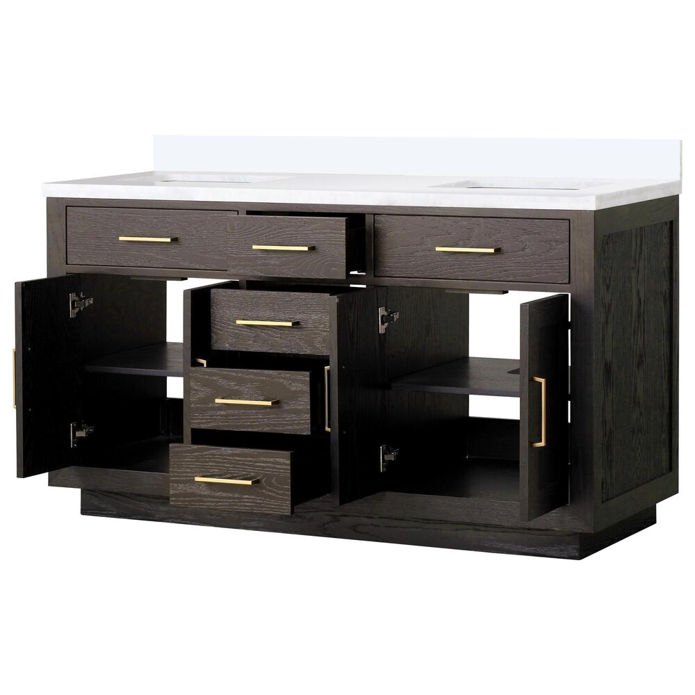 Lexora Home Abbey 60&quot; Double Bathroom Vanity in Brown Oak with 2 cm White Cultured Marble Top and Rectangular Sinks, , large