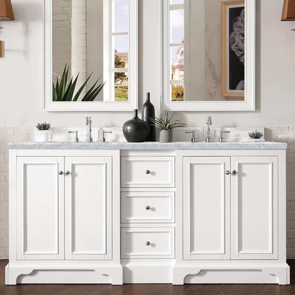 James Martin Vanities De Soto 72&quot; Double Bathroom Vanity in Bright White with 3 cm Carrara White Marble Top and Rectangular Sinks, , large