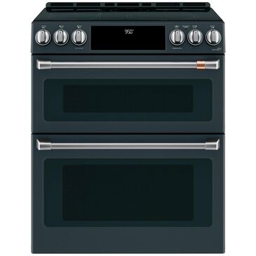 Cafe 30" Slide-In Front Control Induction and Convection Double Oven Range in Matte Black With Brushed Stainless Handles and Control Knobs, , large