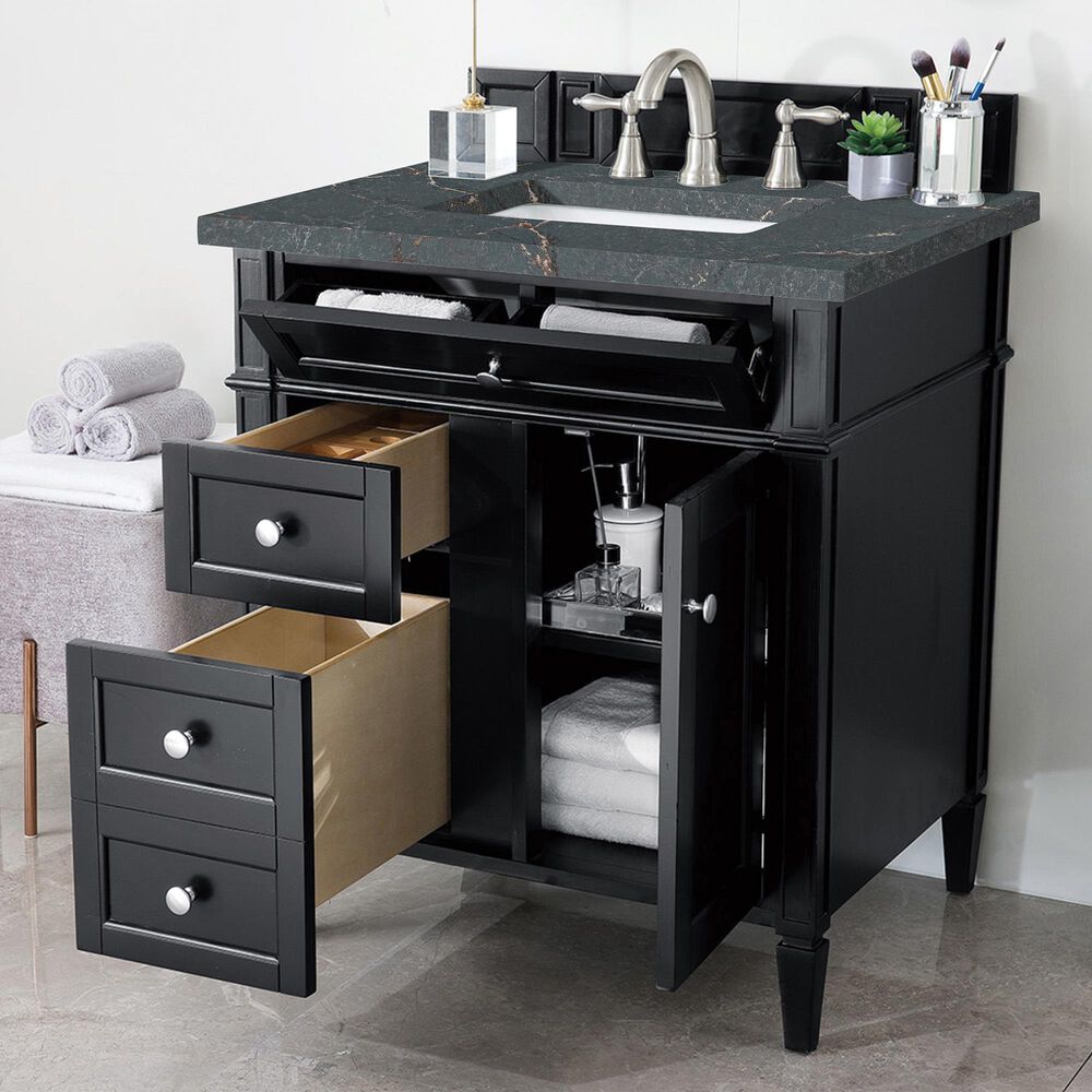 James Martin Vanities Brittany 30" Single Bathroom Vanity in Black Onyx with 3 cm Parisien Bleu Quartz Top and Rectangular Sink, , large