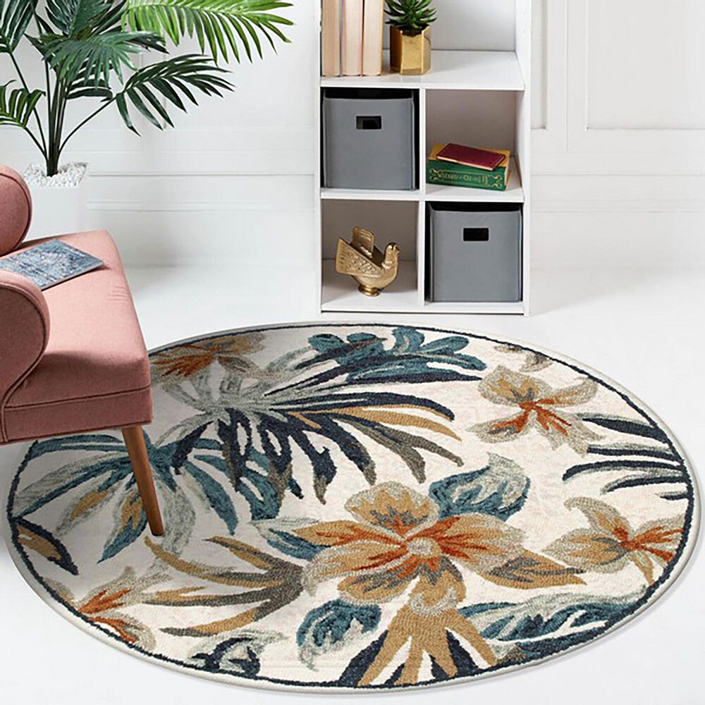 L&amp;R Resources Sinuous Tropical Paradise Floral 4&#39; Round White, Blue and Tan Area Rug, , large