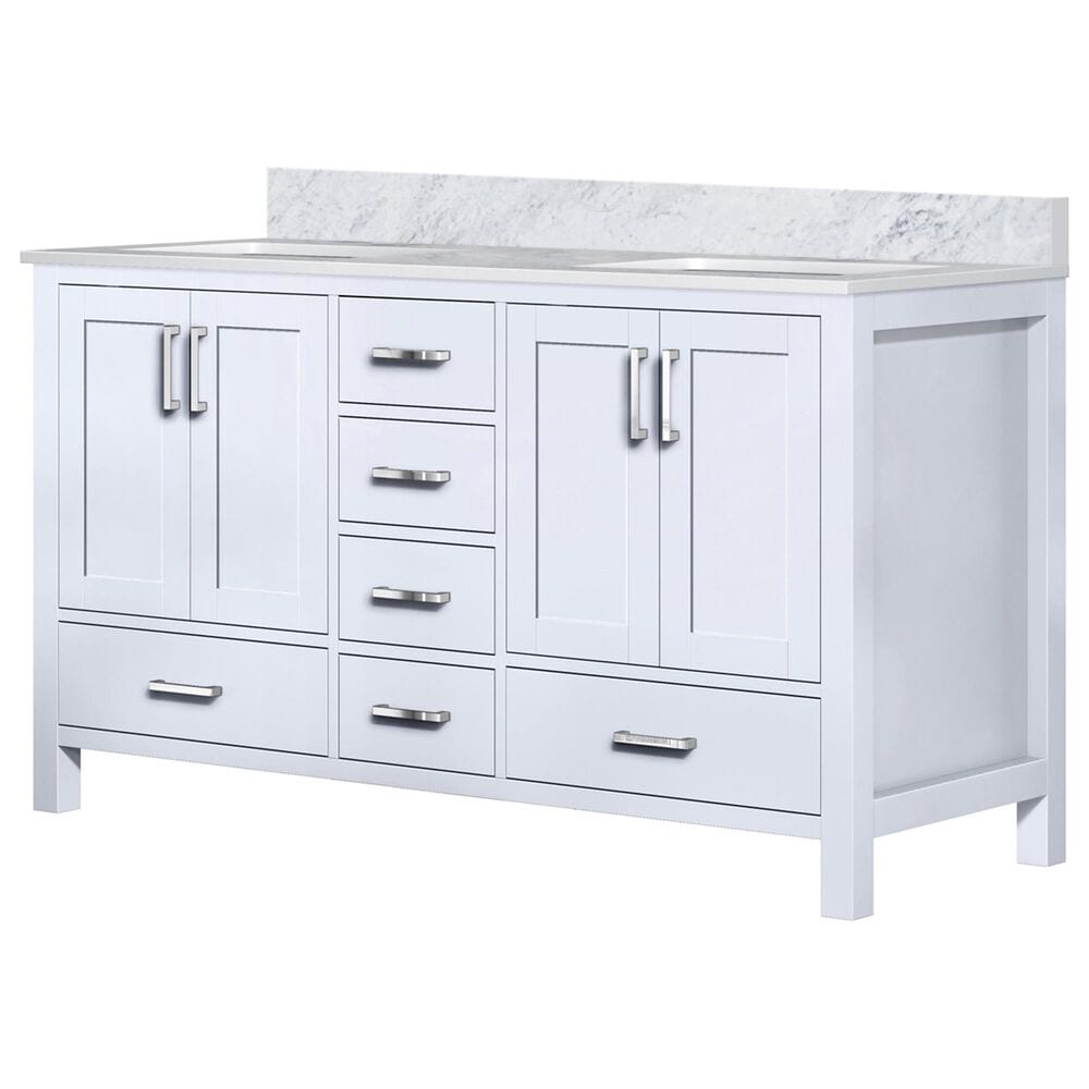 Lexora Home Jacques 60" Double Bathroom Vanity in White with 2 cm White Carrara Marble Top and Rectangular Sinks, , large