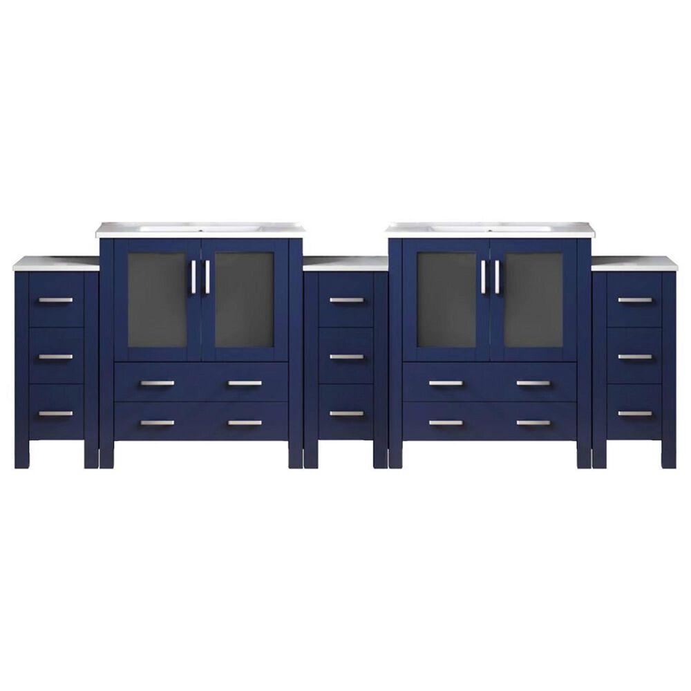 Lexora Home Volez 108" Double Bathroom Vanity in Navy Blue with 2 cm White Ceramic Top, Rectangular Sinks and Side Cabinets, , large