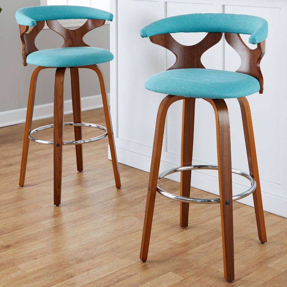 LumiSource Gardenia Swivel Fixed-Height Bar Stool with Teal Fabric Upholstery in Chrome and Walnut (Set of 2), , large