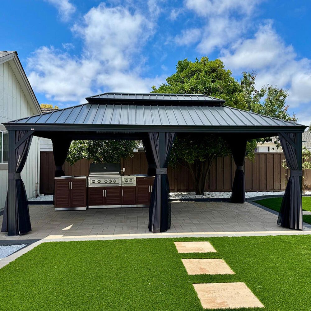 HOMLUX 20-ft x 12-ft Permanent Hardtop Gazebo in Grey with Hardtop Roof (Screen Included), , large