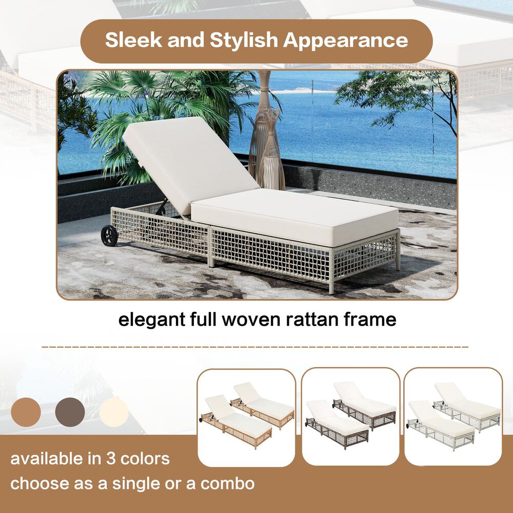 HOMLUX Adjustable Outdoor Chaise Lounge with Wheels and Creamy White Rattan in Beige (Set of 2), , large