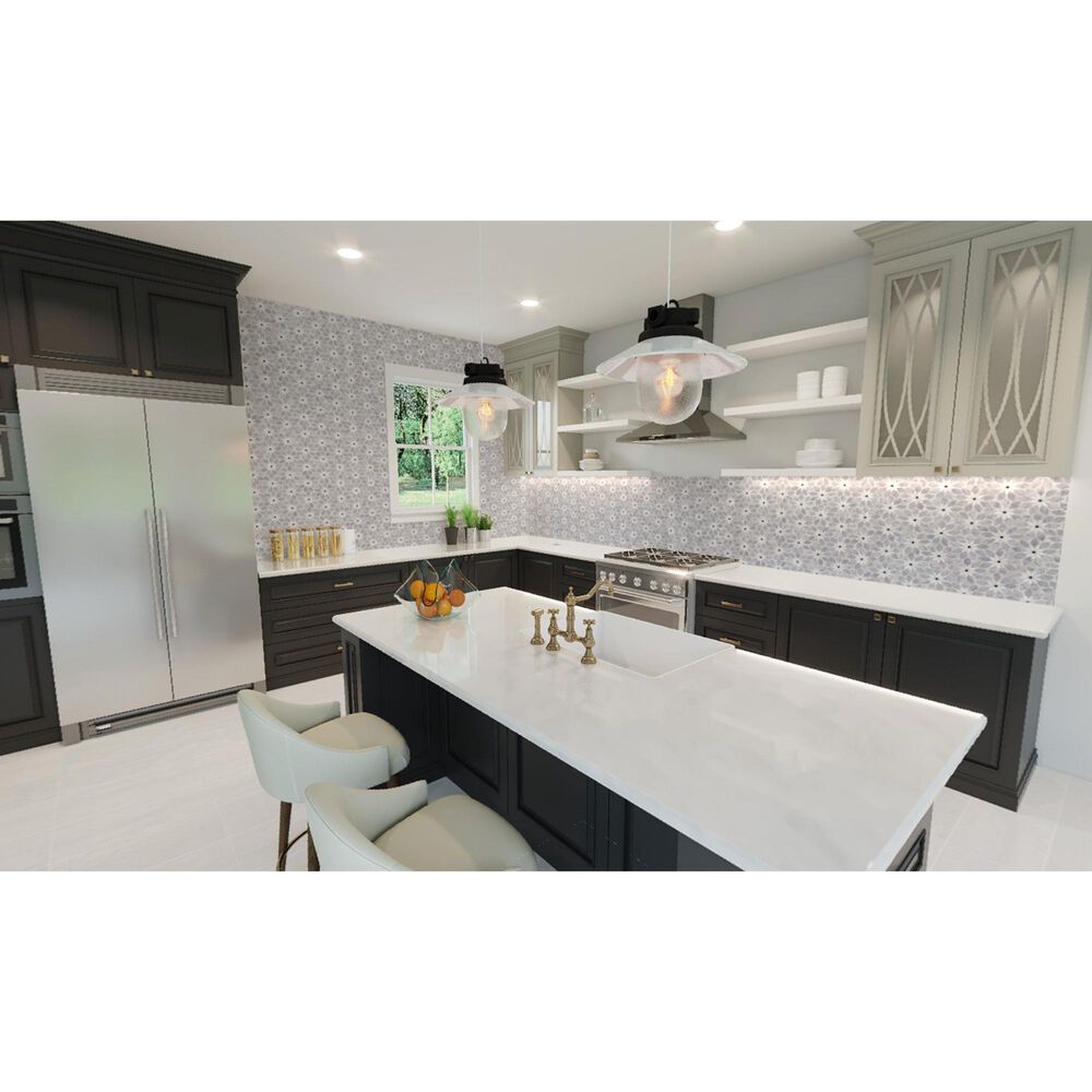 Soho Studio MJ Rain Flower Bardiglio Nouvelato, White Carrara and Black Jade Dot 12.4" x 14.13" Marble Mosaic Sheet, , large