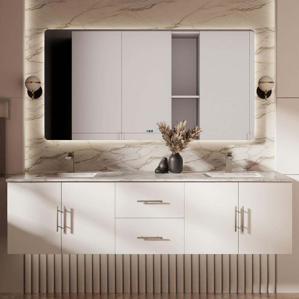 Lexora Home Geneva 72&quot; Double Bathroom Vanity in Glossy White with 2 cm White Carrara Marble Top and Rectangular Sinks, , large