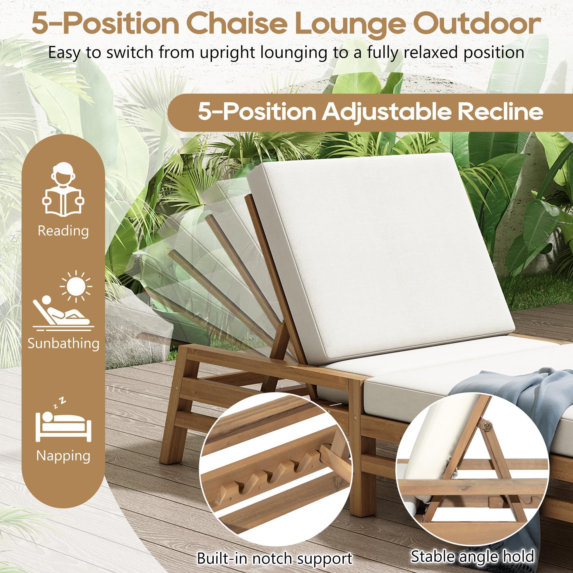 HOMLUX Adjustable Outdoor Chaise Lounge with Light Teak Frame in