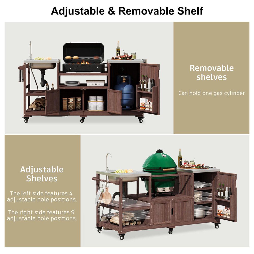 HOMLUX 75.4" Outdoor Kitchen Island with Sink, Solid Wood Outdoor Grill Cart for XL Green Egg Grills, Rolling Outdoor Bar Cart with Stainless Steel Top, for Pizza Prep &amp; BBQ, Brown, , large