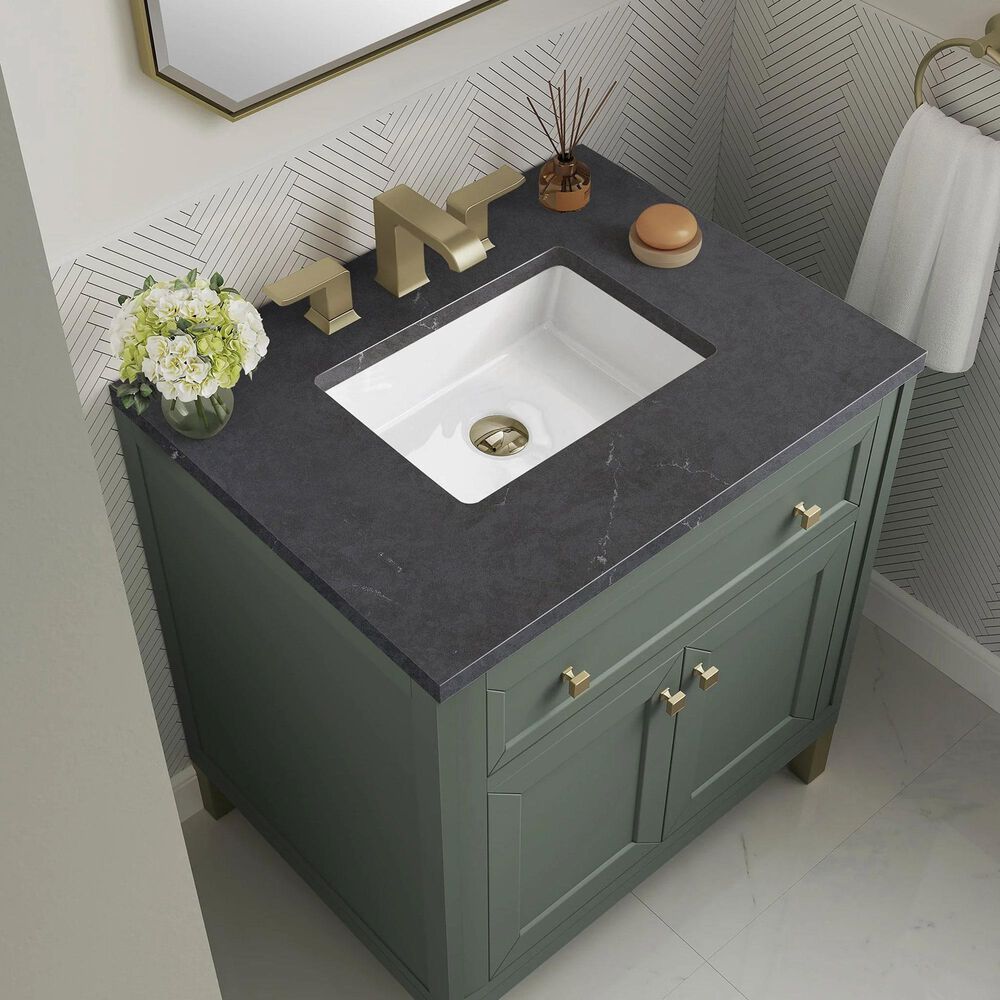 James Martin Vanities Chicago 30&quot; Single Bathroom Vanity in Smokey Celadon with 3 cm Charcoal Soapstone Quartz Top and Rectangular Sink, , large