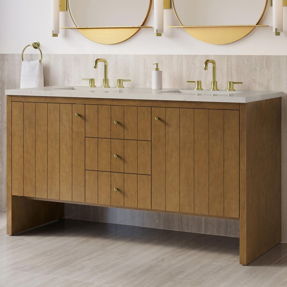 James Martin Hudson 60" Double Bathroom Vanity in Honey Oak with 3 cm Siberian Silestone Top and Rectangular Sinks, , large
