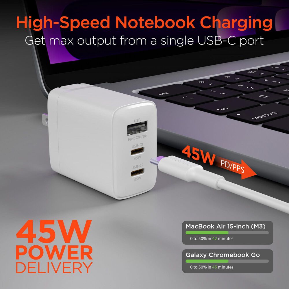 Hypercel 45W PD Wall Charger + 6ft USB-C to USB-C Cable in White, , large