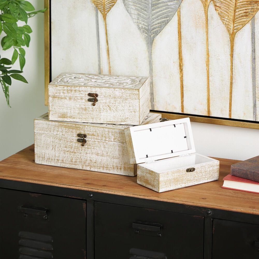 Maple and Jade 3-Piece Handmade Floral Decorative Box Set with Hinged Lid in White and Brown, , large