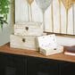 Maple and Jade 3-Piece Handmade Floral Decorative Box Set with Hinged Lid in White and Brown, , large