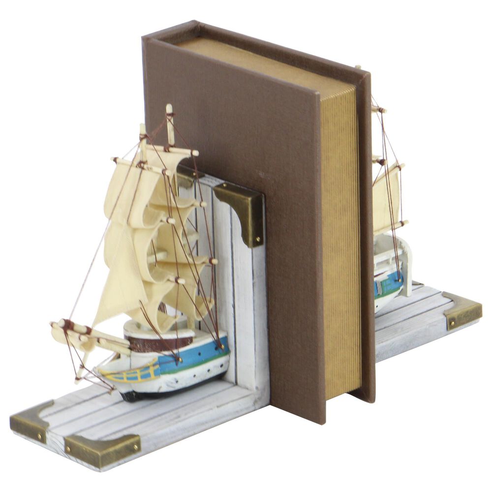 Maple and Jade Coastal Sail Boat Bookends in White Washed, Gold and Blue &#40;Set of 2&#41;, , large