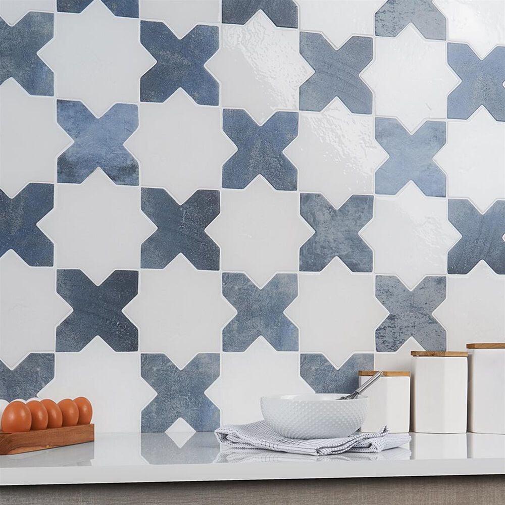 Soho Studio Malta White Star Polished and Denim Blue Cross Matte 6" x 6" Porcelain Tile Kit, , large