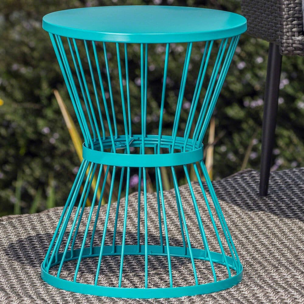 Hearth and Haven Outdoor Metal Hourglass Side Table with Open Cage Design in Teal, , large