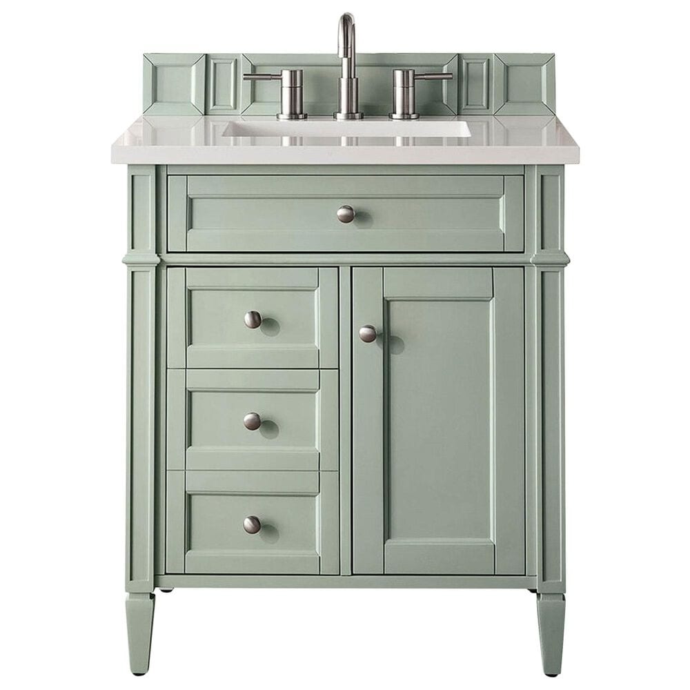 James Martin Vanities Brittany 30" Single Bathroom Vanity in Sage Green with 3 cm White Zeus Quartz Top and Rectangular Sink, , large