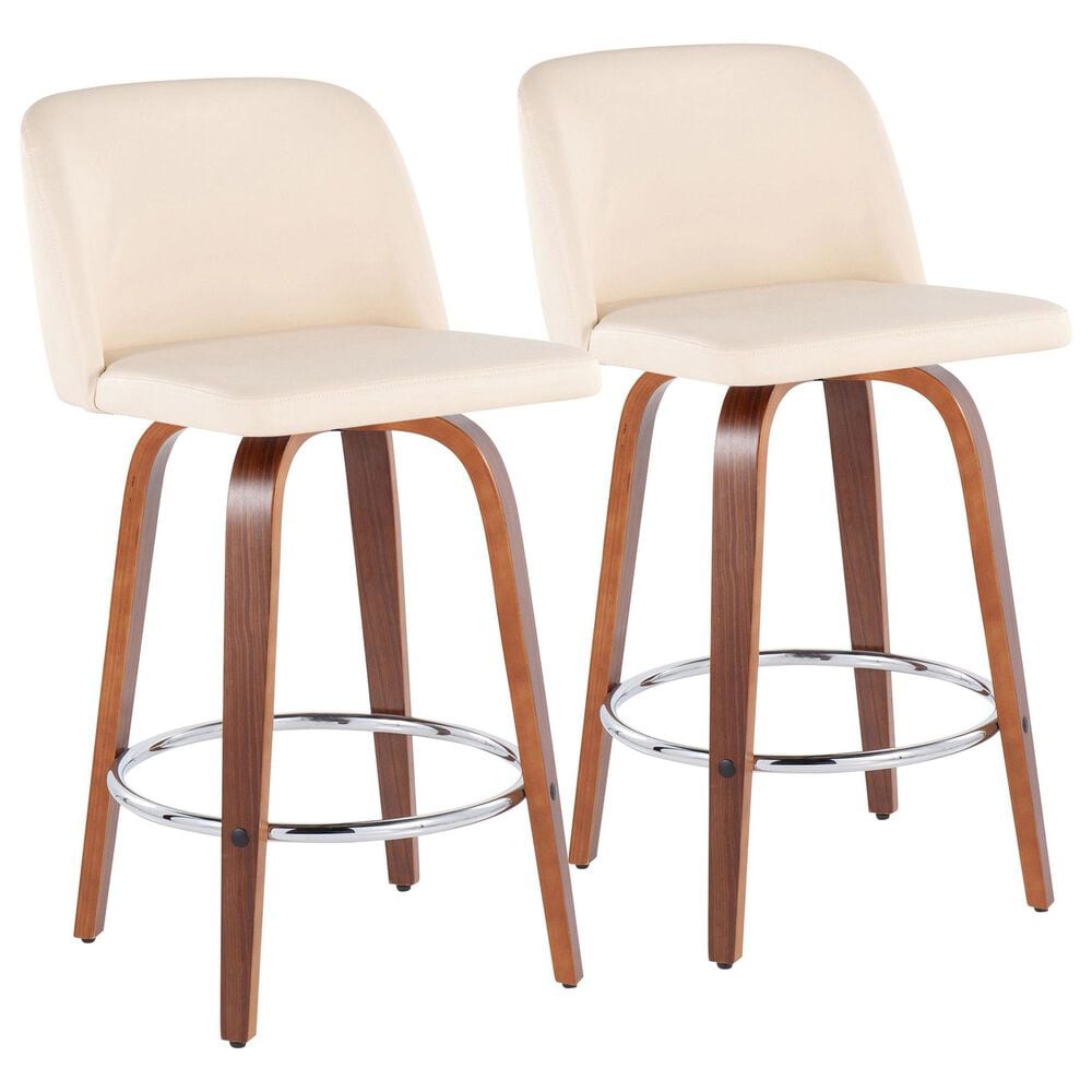 LumiSource Toriano Swivel Counter Stool with Cream Faux Leather Upholstery in Walnut and Chrome (Set of 2), , large