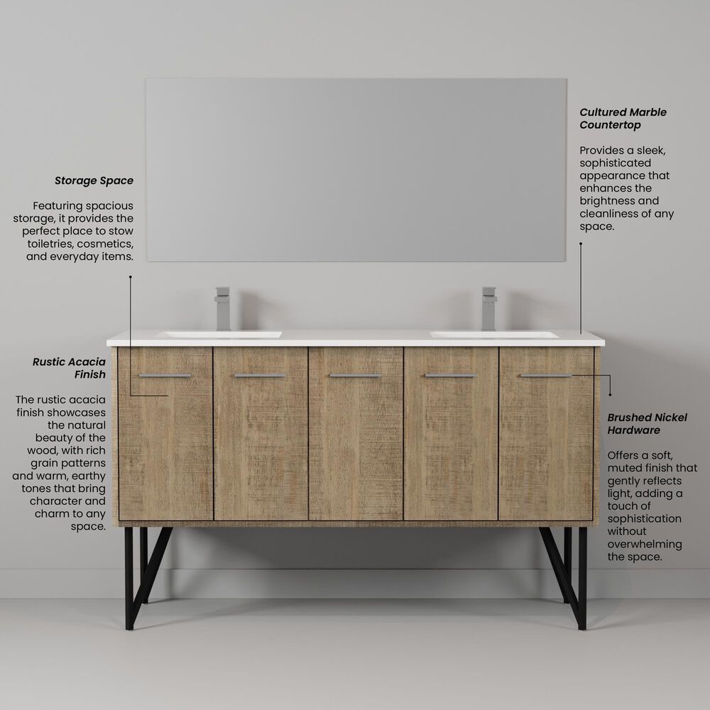 Lexora Home Lancy 60" Double Bathroom Vanity in Rustic Acacia with 2 cm White Cultured Marble Top and Rectangular Sinks, , large