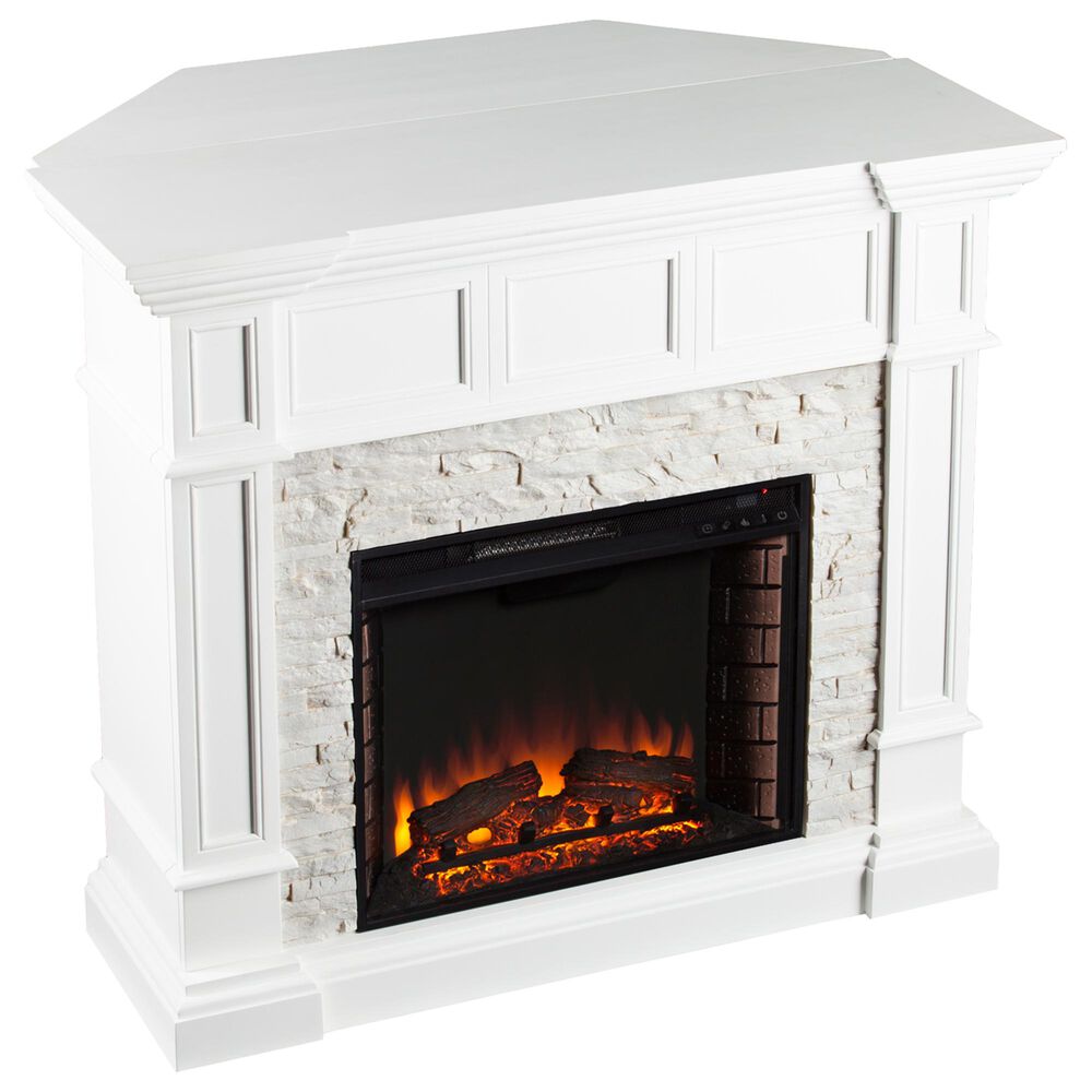 Southern Enterprises Engo Electric Convertible Corner Fireplace in Fresh White/Rustic White Faux Stone, , large