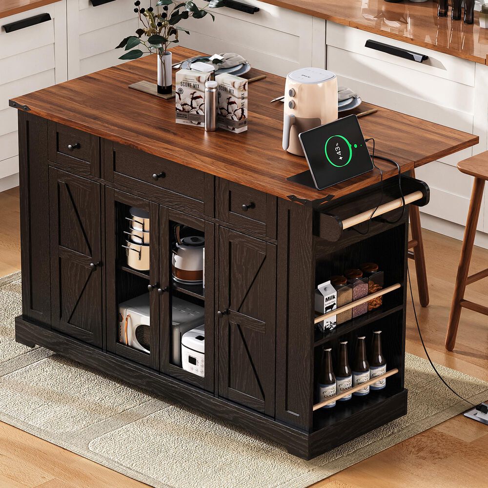 HOMLUX 53" Farmhouse Kitchen Island with Two Tempered Glass Cabinet Doors in Black, , large