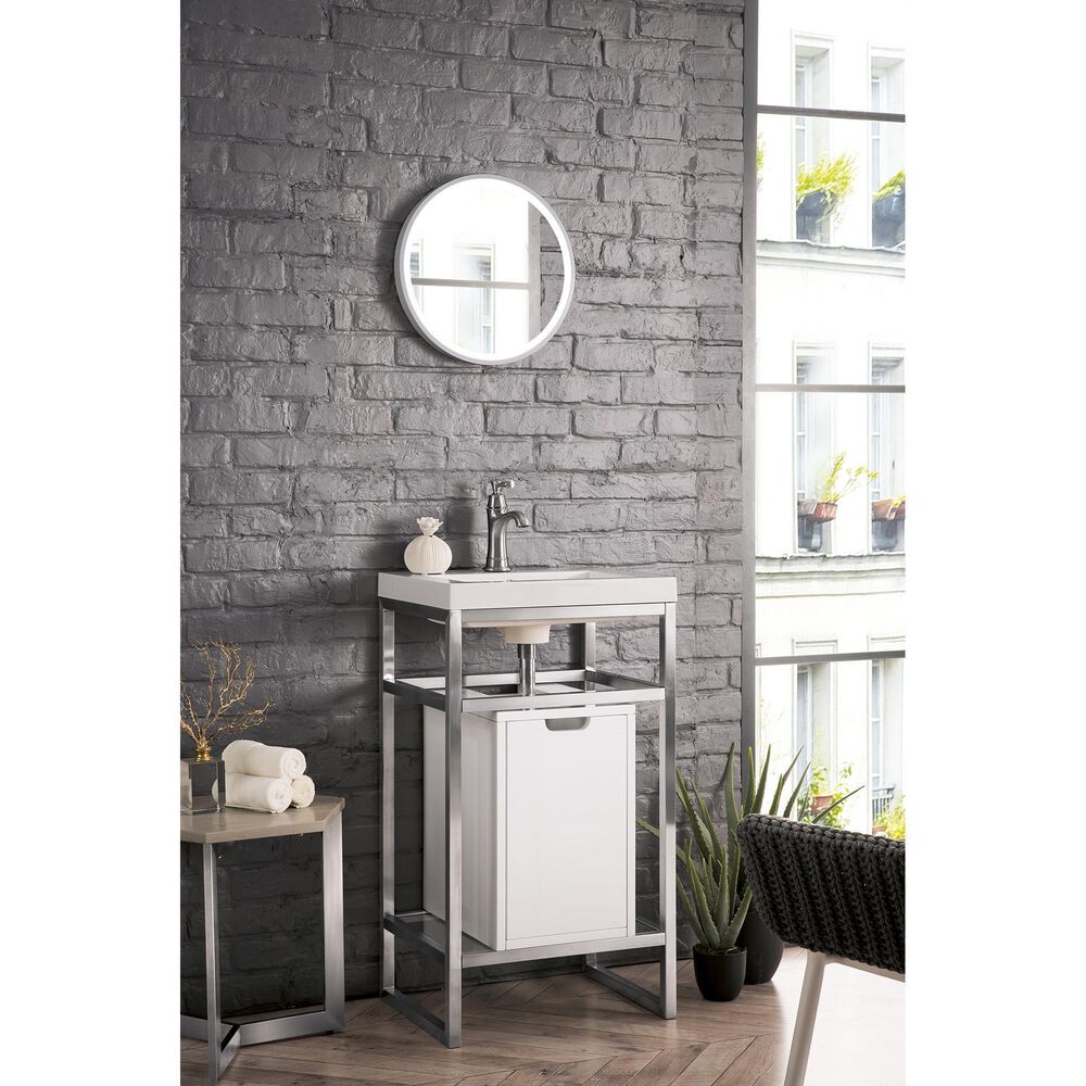 James Martin Vanities Boston 20&quot; Single White Door Bathroom Vanity in Brushed Nickel with 3 cm White Glossy Resin Countertop and Rectangular Sink, , large