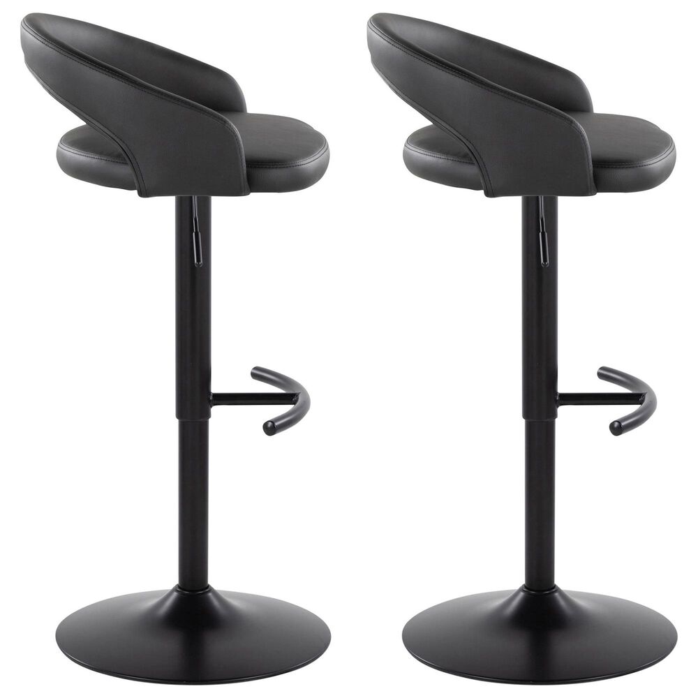 LumiSource Grotto Adjustable Bar Stool with Black Faux Leather Upholstery in Black (Set of 2), , large
