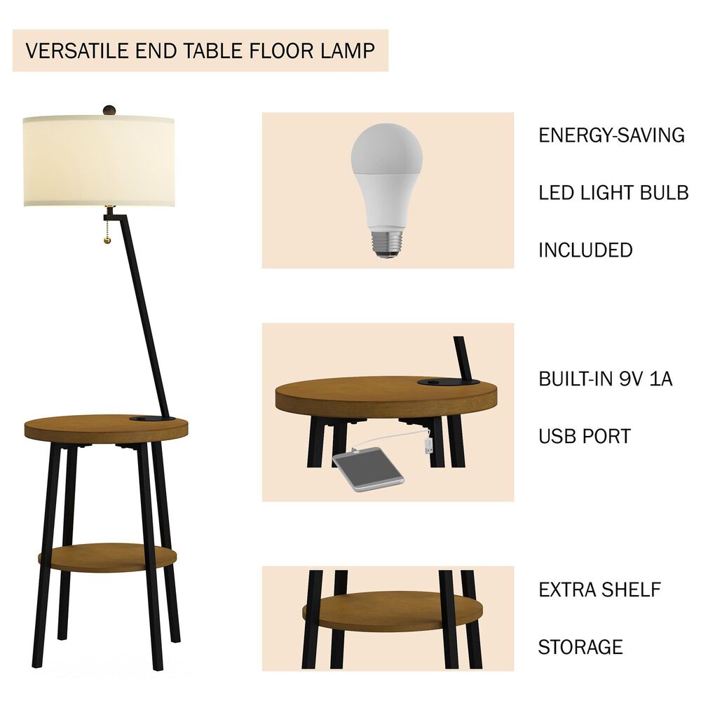 Timberlake Mid-Century Modern Floor Lamp with Side Table and USB Charging Ports in Brown, Black and Off-White, , large