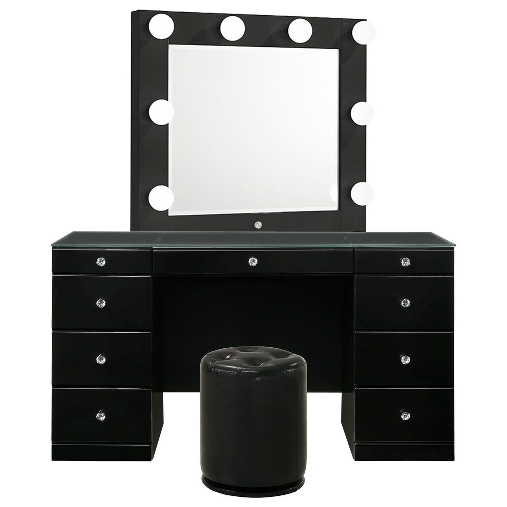 Crown Mark Avery, Luxo and Morgan Vanity with Mirror and Stool in Black, , large