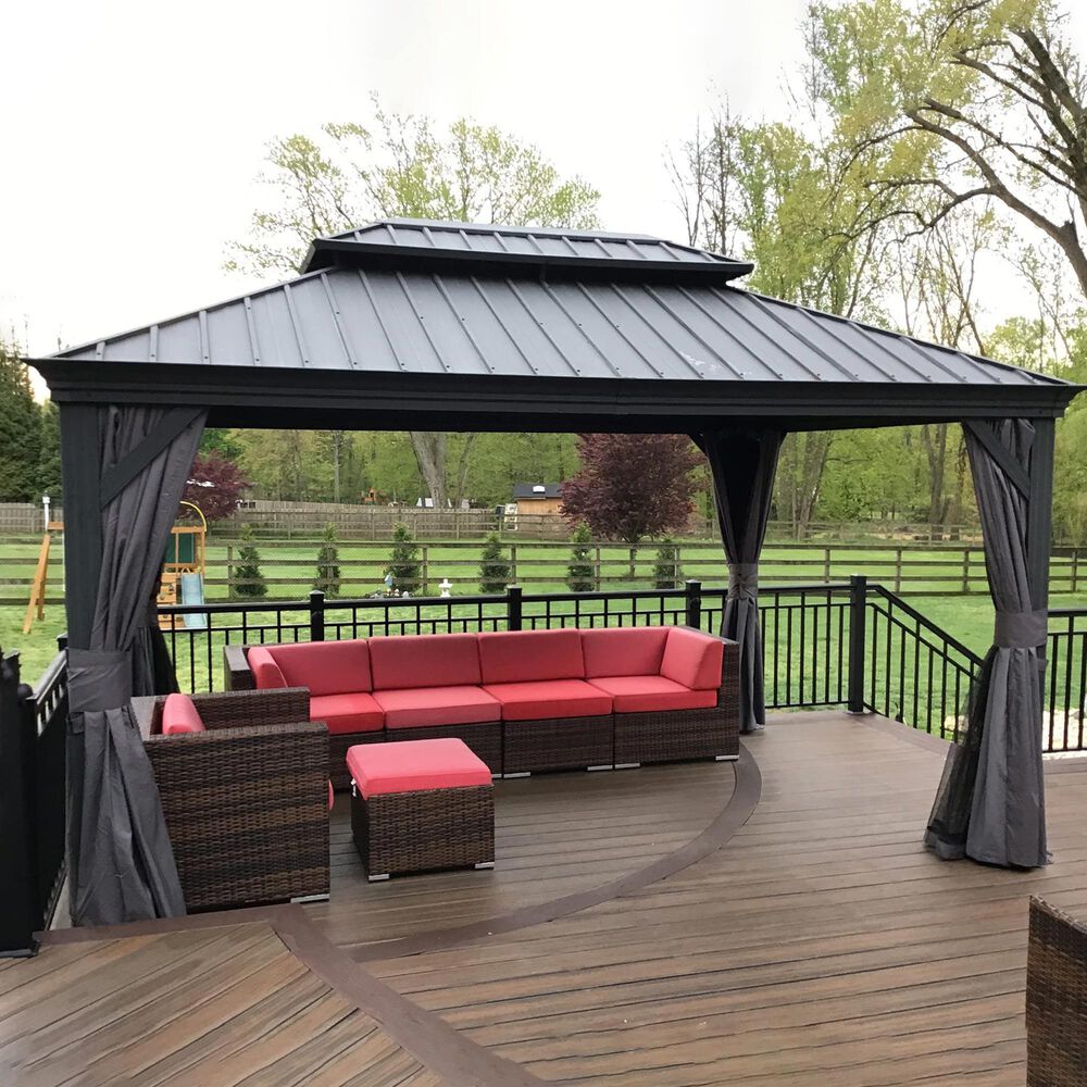 HOMLUX 14-ft x 10-ft Permanent Hardtop Gazebo Gray Gazebo with Hardtop Roof (Screen Included), , large