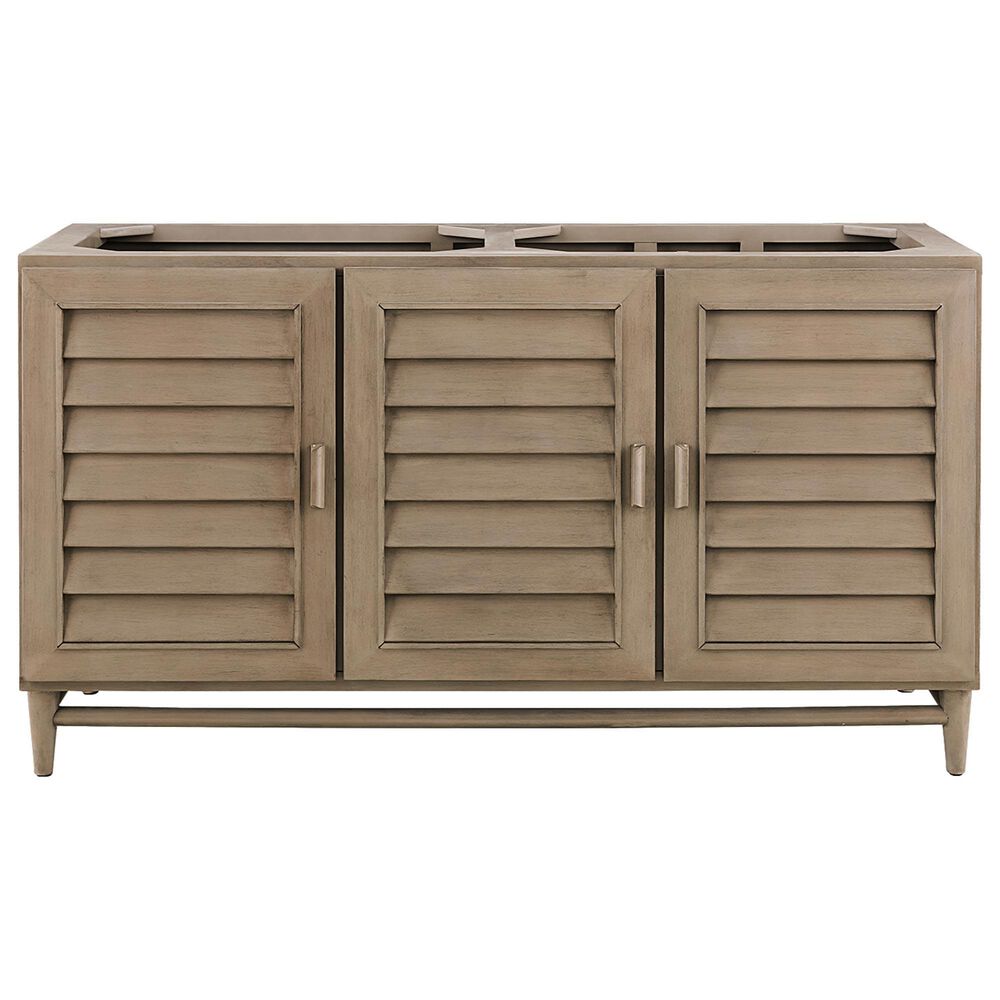 James Martin Vanities Portland 60&quot; Double Bathroom Vanity in Whitewashed Walnut with Single Hole 3 cm White Zeus Quartz Top and Rectangular Sinks, , large