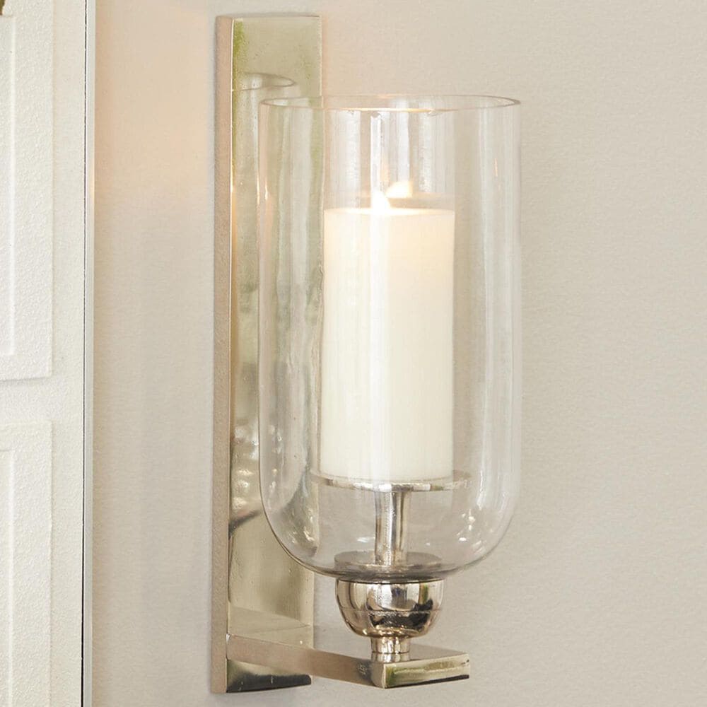 Maple and Jade 16&quot; Single Indoor/Outdoor Wall Mount Candle Holder in Polished Silver and Clear, , large