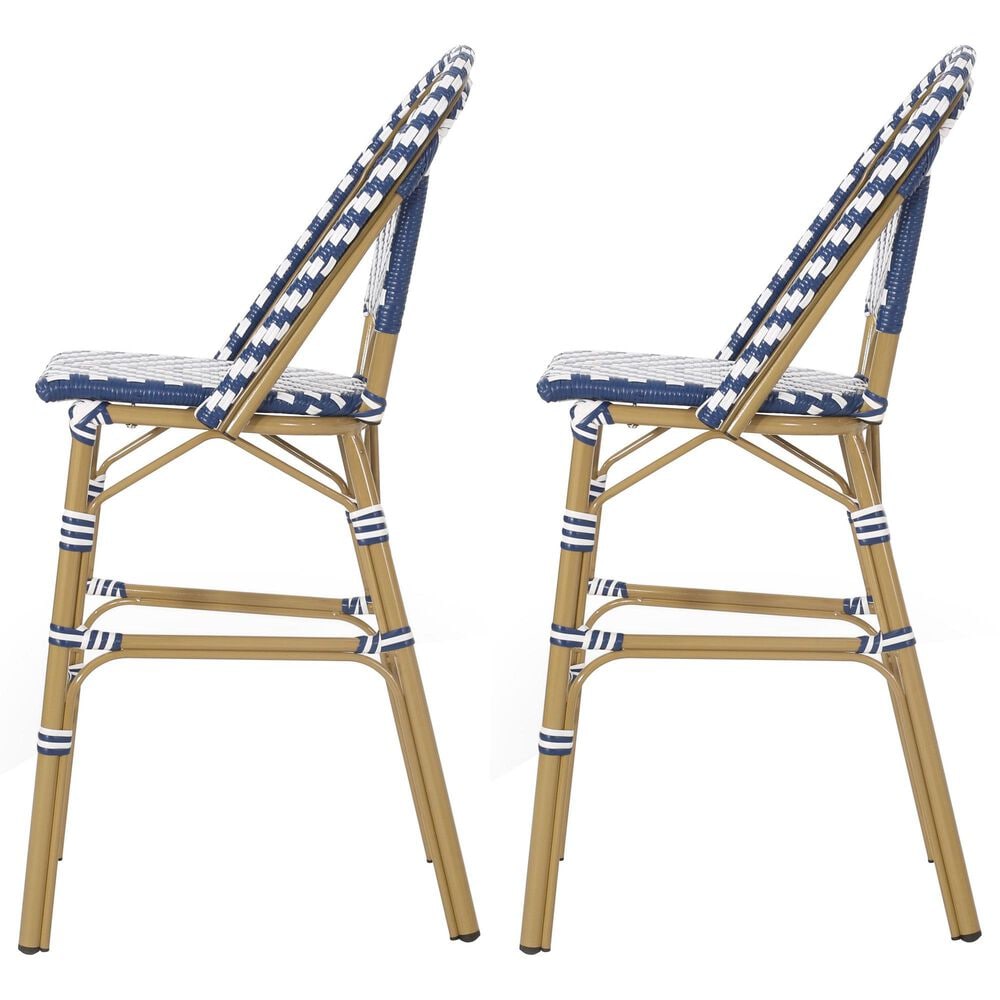 Hearth and Haven Outdoor Wicker French Barstool with Brown Aluminum Frame in Navy Blue (Set of 2), , large