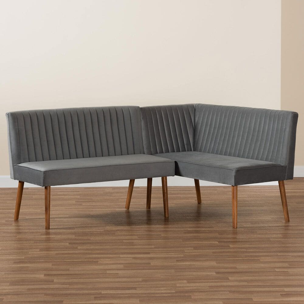 Baxton Studio Alvis 2-Piece Dining Nook Banquette Set with Grey Velvet in Walnut Brown, , large