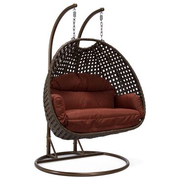 Leisuremod Mendoza Patio 2-Seat Hanging Egg Swing Chair with Cherry Cushion in Dark Brown, , large